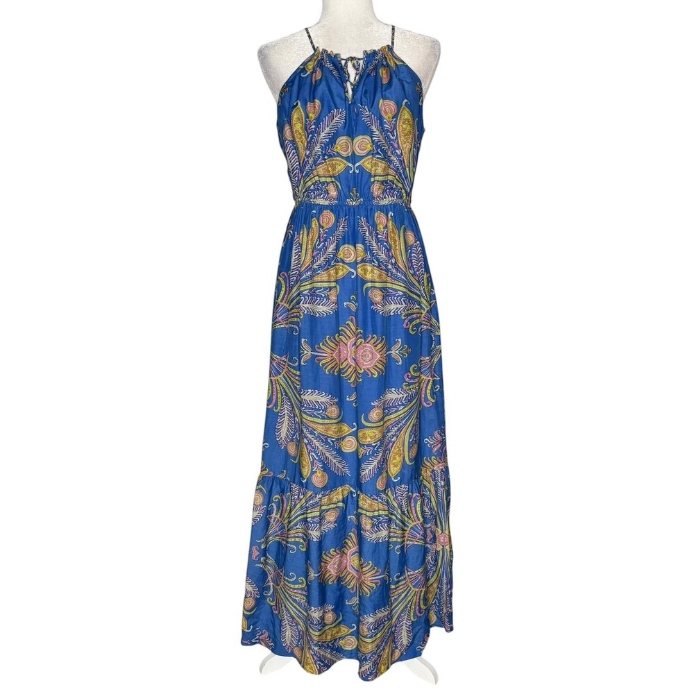 J.Crew Silk Cotton Maxi Dress Blue Floral Size 6 Lined High Neck Coastal Resort